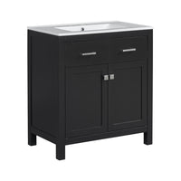 VanityFus 30-in Bathroom Vanity Black Single Sink Combo with Ceramic White Top 2 Soft-Close Doors 1 drawer