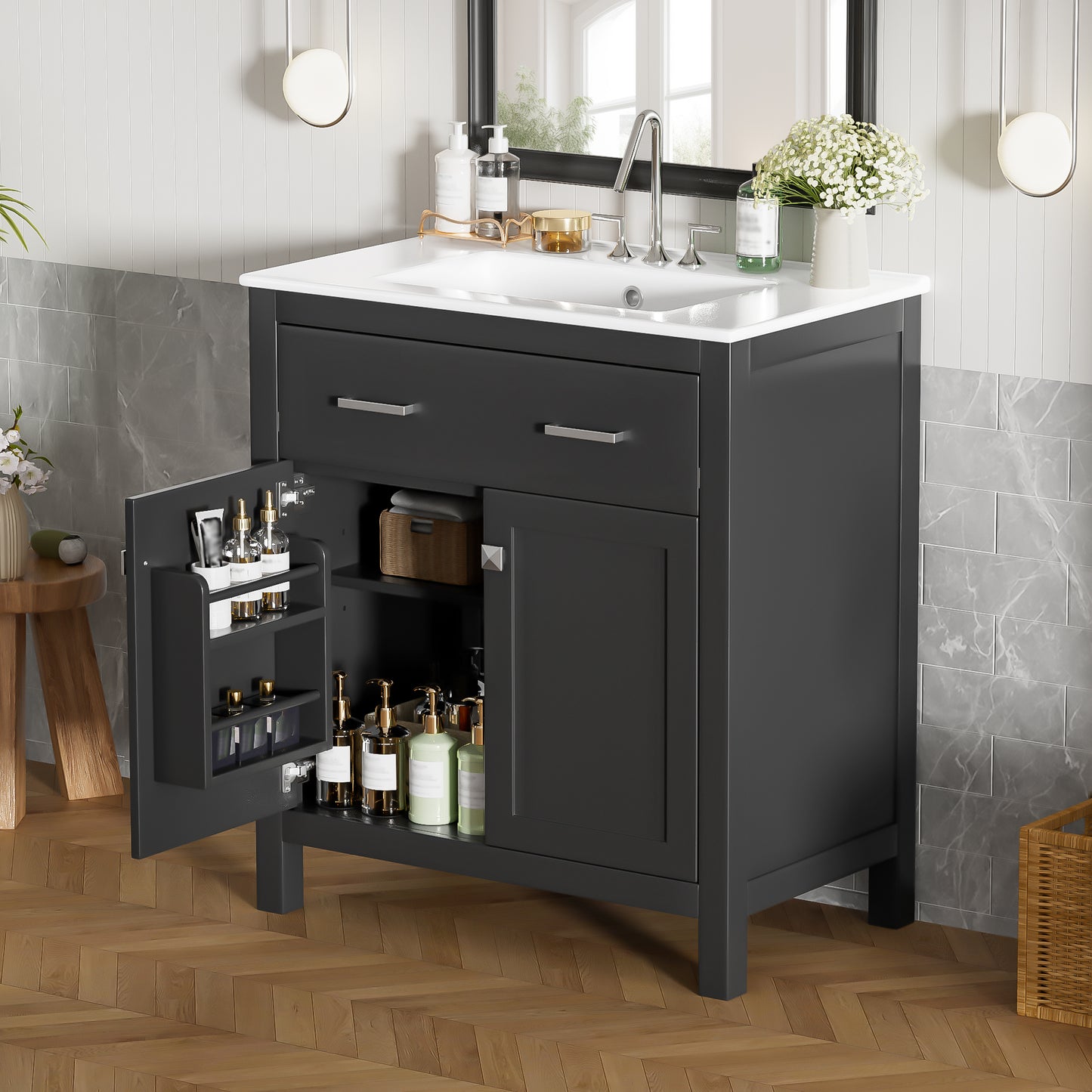 VanityFus 30-in Bathroom Vanity Black Single Sink Combo with Ceramic White Top 2 Soft-Close Doors 1 drawer