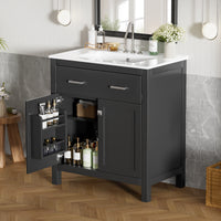 VanityFus 30-in Bathroom Vanity Black Single Sink Combo with Ceramic White Top 2 Soft-Close Doors 1 drawer