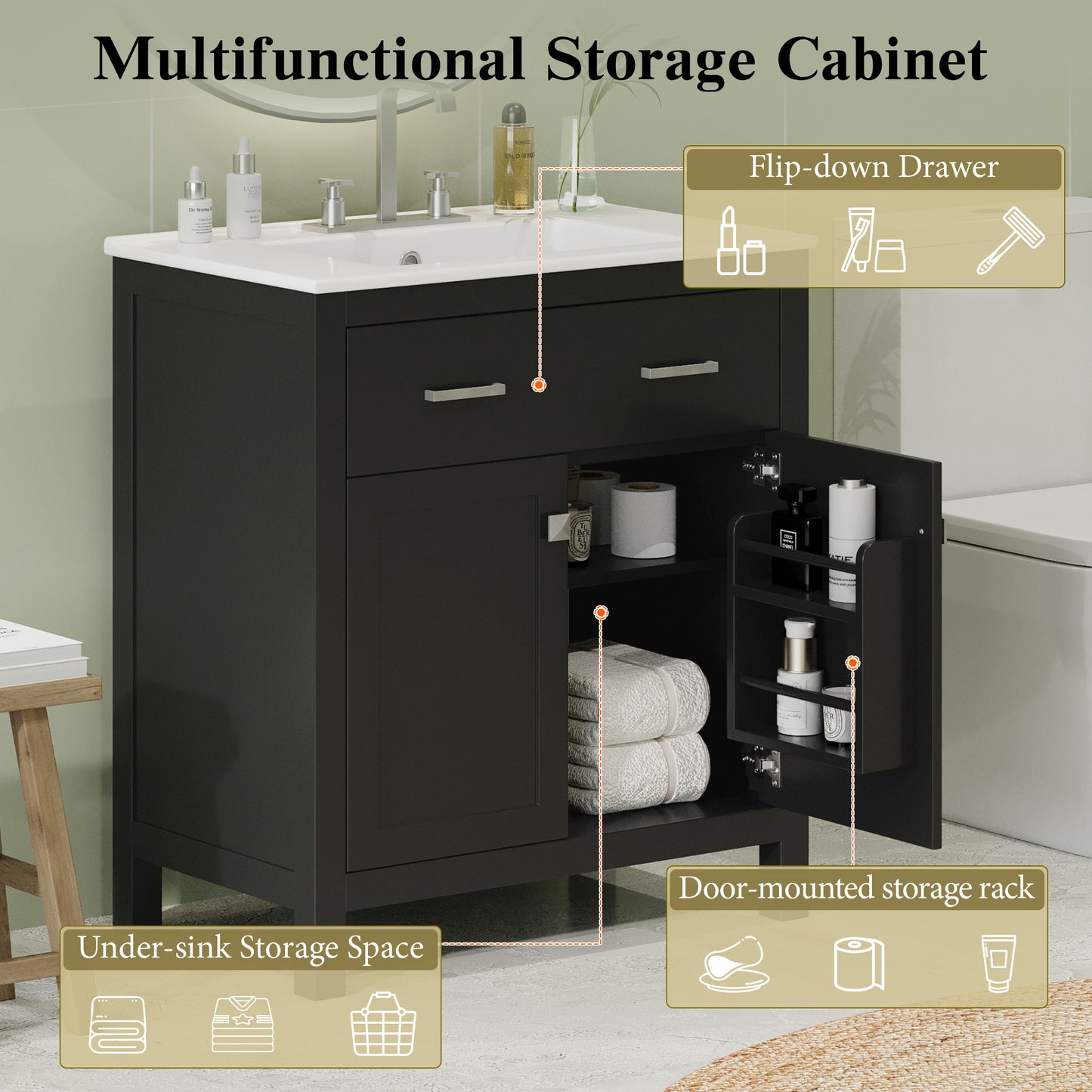 VanityFus 30-in Bathroom Vanity Black Single Sink Combo with Ceramic White Top 2 Soft-Close Doors 1 drawer
