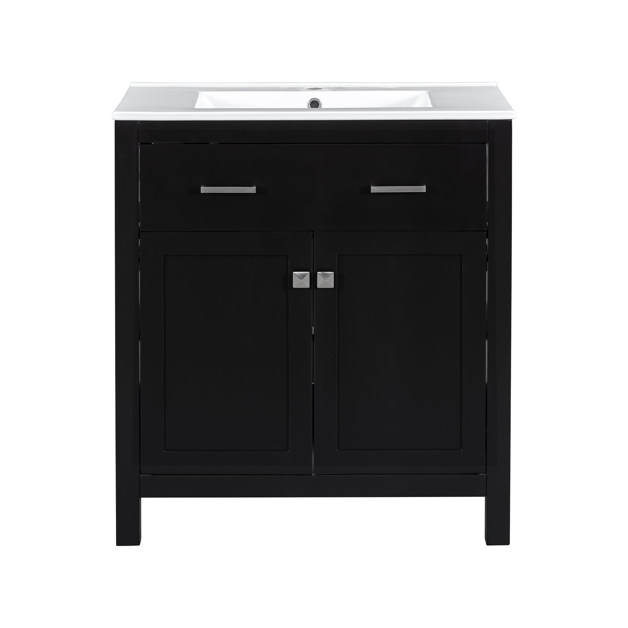 VanityFus 30-in Bathroom Vanity Black Single Sink Combo with Ceramic White Top 2 Soft-Close Doors 1 drawer