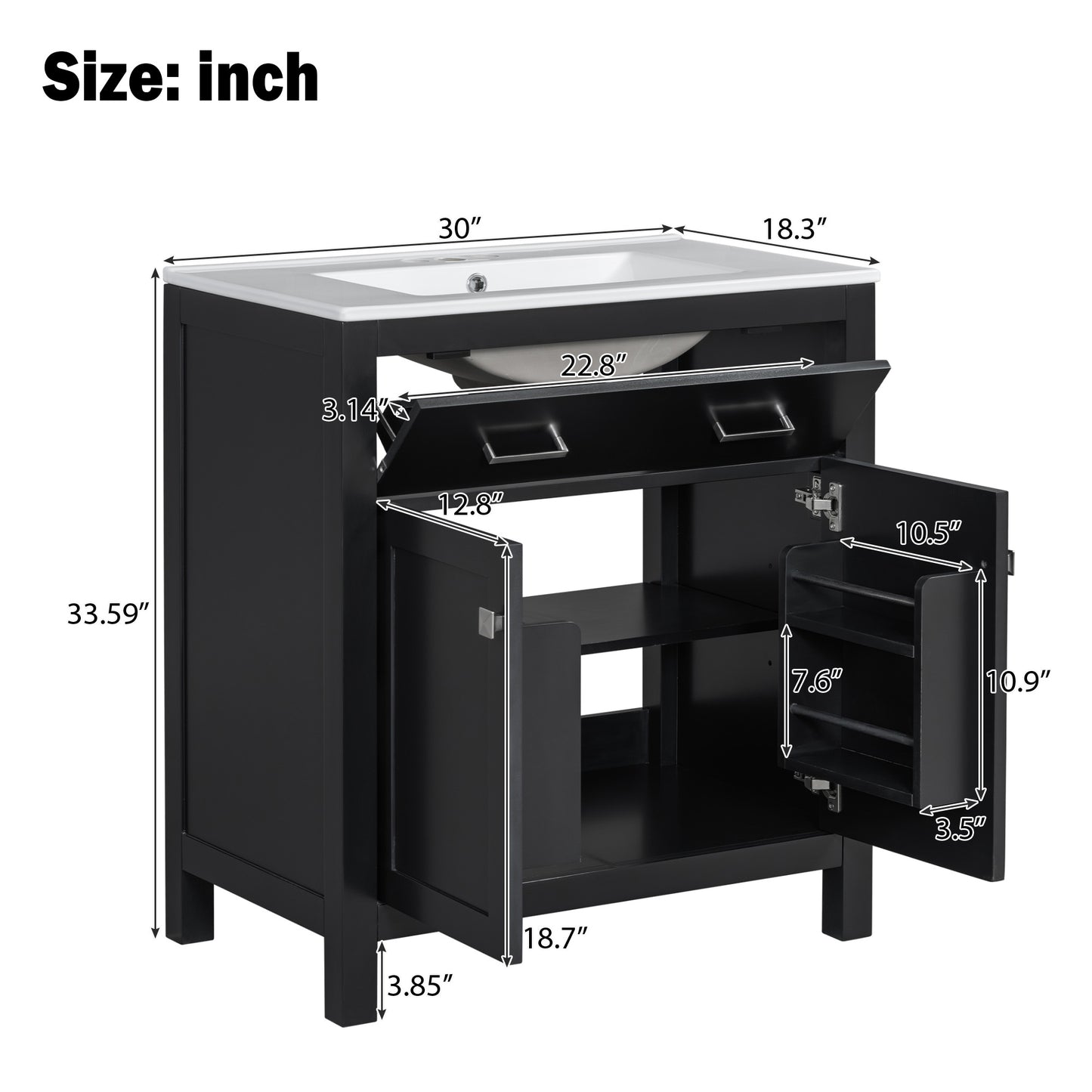 VanityFus 30-in Bathroom Vanity Black Single Sink Combo with Ceramic White Top 2 Soft-Close Doors 1 drawer
