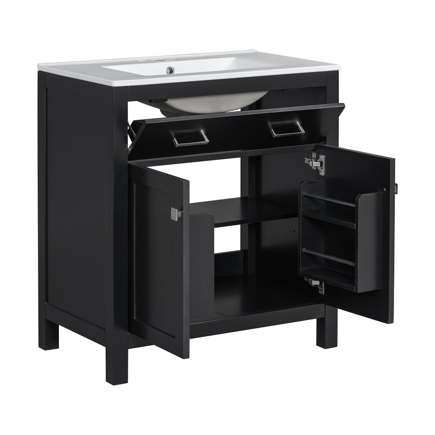 VanityFus 30-in Bathroom Vanity Black Single Sink Combo with Ceramic White Top 2 Soft-Close Doors 1 drawer