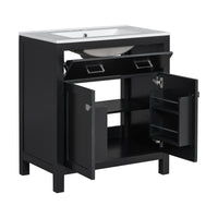 VanityFus 30-in Bathroom Vanity Black Single Sink Combo with Ceramic White Top 2 Soft-Close Doors 1 drawer
