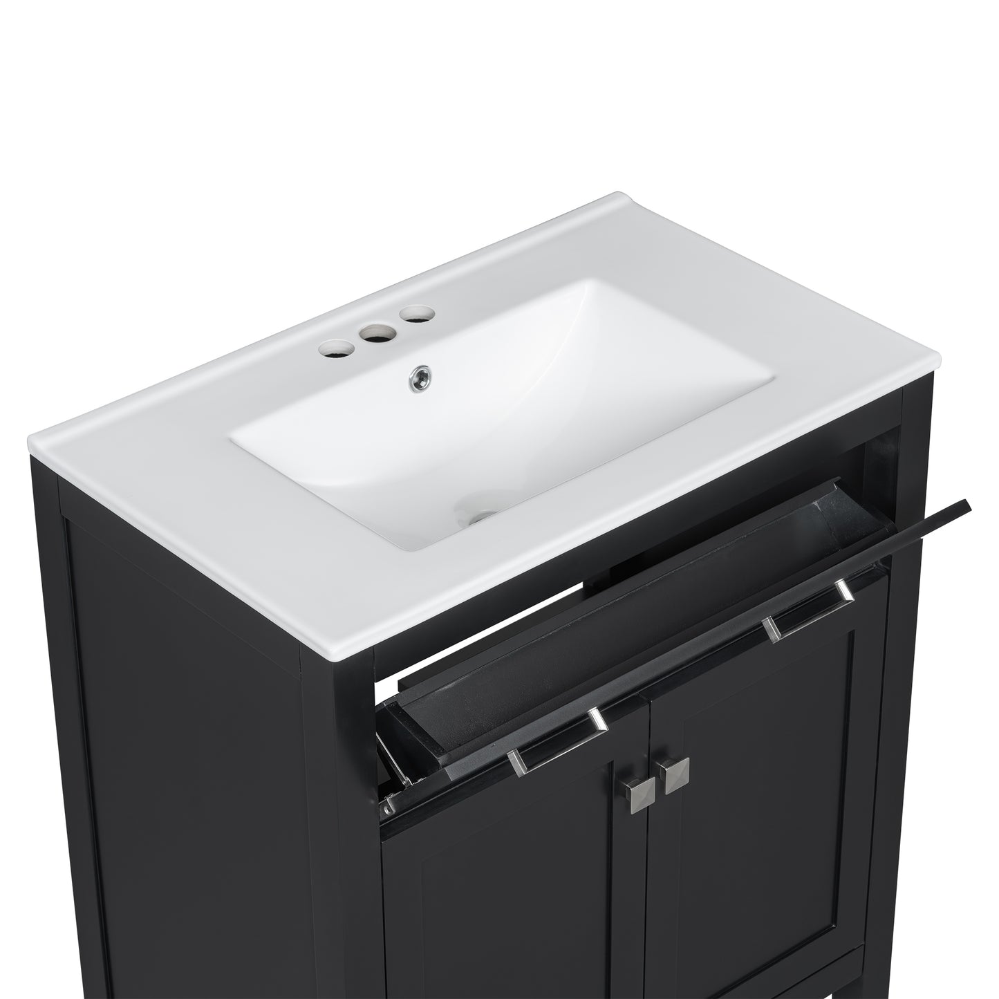 VanityFus 30-in Bathroom Vanity Black Single Sink Combo with Ceramic White Top 2 Soft-Close Doors 1 drawer