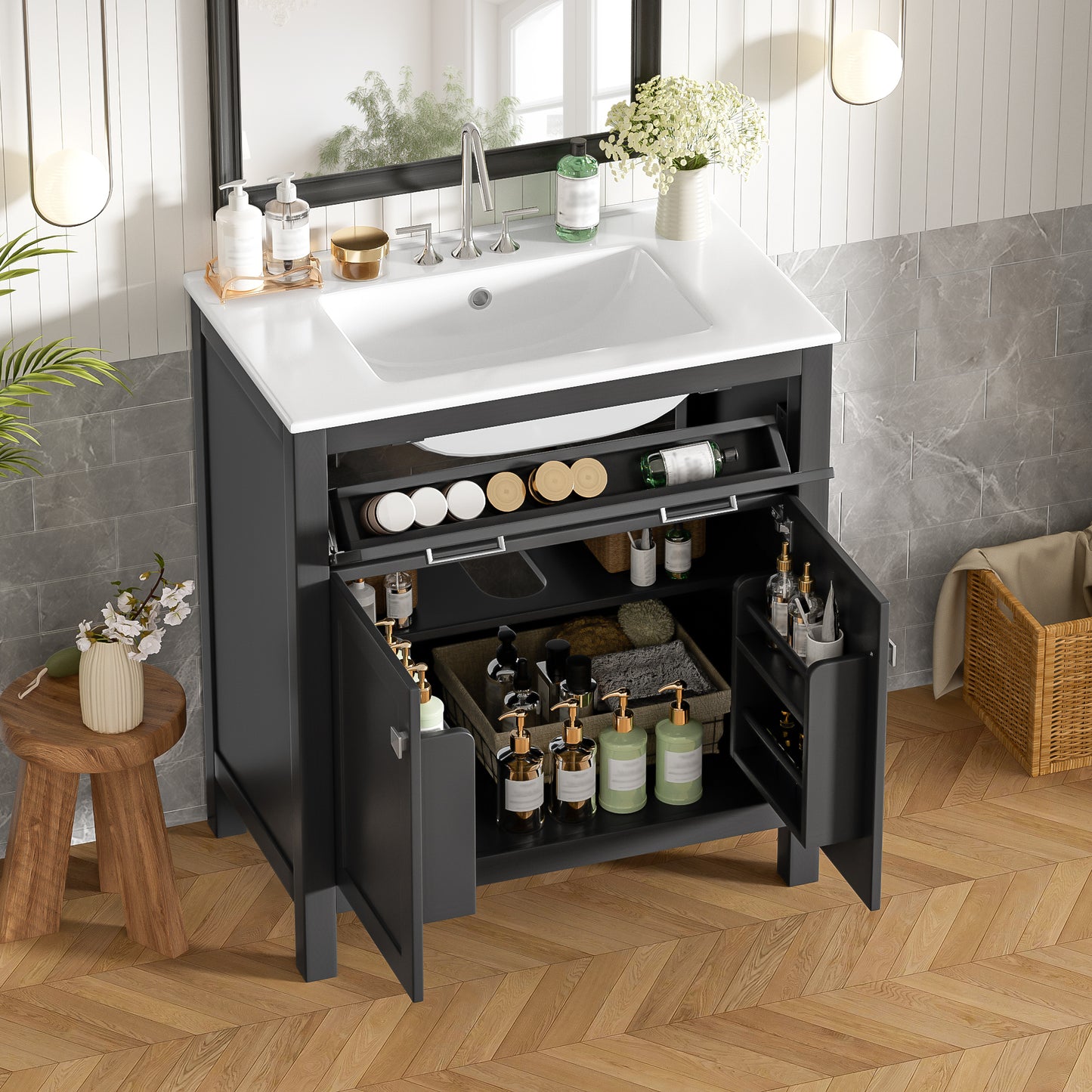VanityFus 30-in Bathroom Vanity Black Single Sink Combo with Ceramic White Top 2 Soft-Close Doors 1 drawer