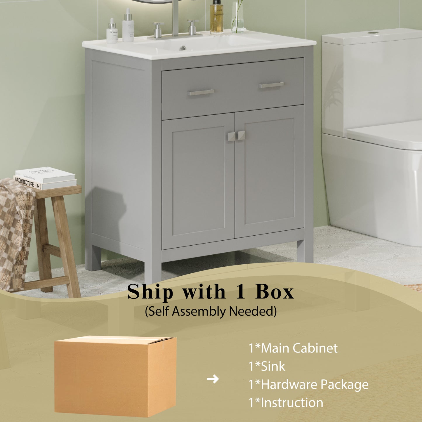 VanityFus 30-in Bathroom Vanity Gray Single Sink Combo with Ceramic White Ceramic Top 2 Soft-Close Doors 1 drawer