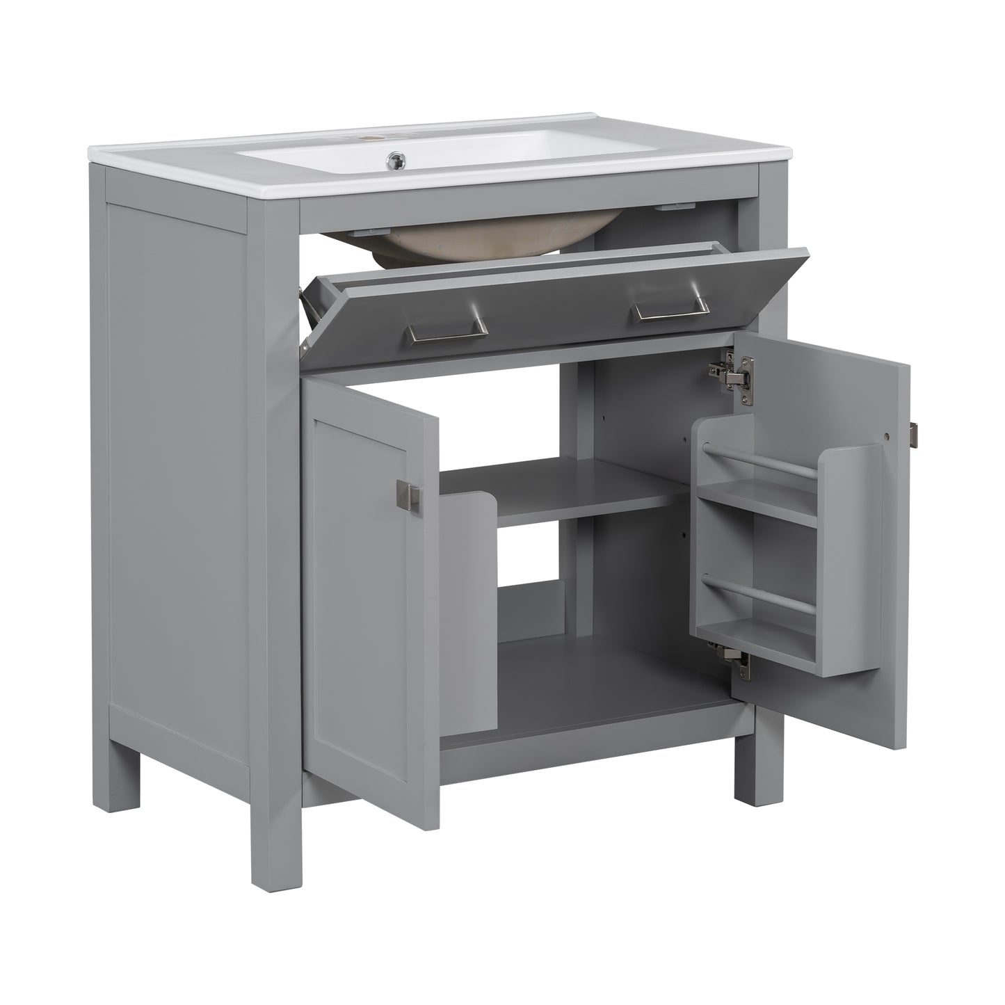 VanityFus 30-in Bathroom Vanity Gray Single Sink Combo with Ceramic White Ceramic Top 2 Soft-Close Doors 1 drawer