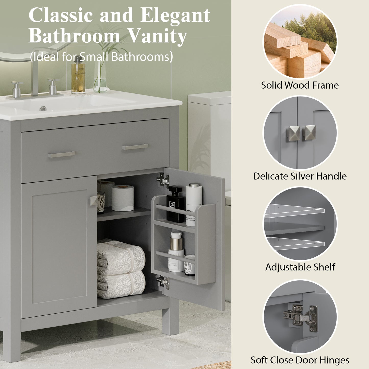 VanityFus 30-in Bathroom Vanity Gray Single Sink Combo with Ceramic White Ceramic Top 2 Soft-Close Doors 1 drawer