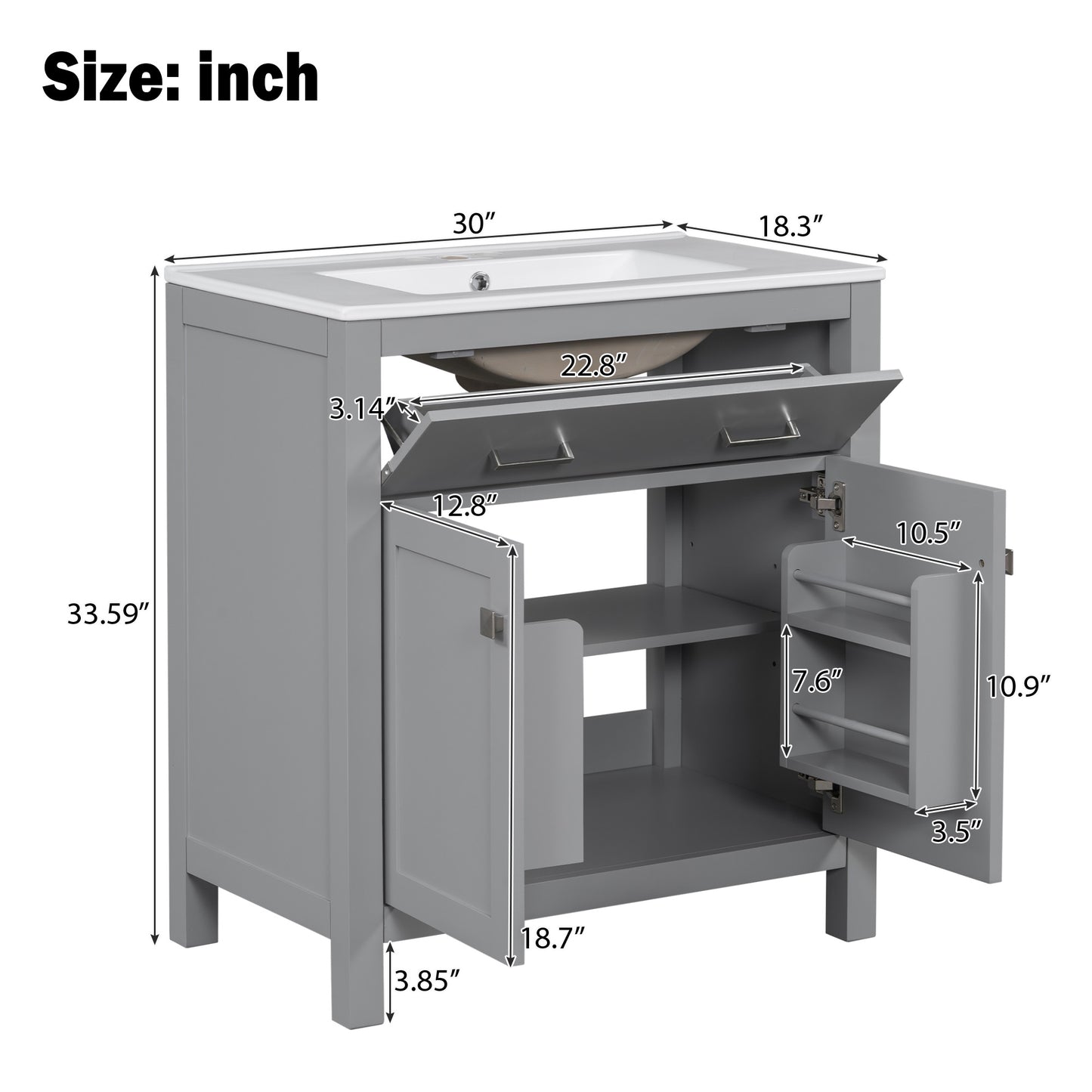 VanityFus 30-in Bathroom Vanity Gray Single Sink Combo with Ceramic White Ceramic Top 2 Soft-Close Doors 1 drawer