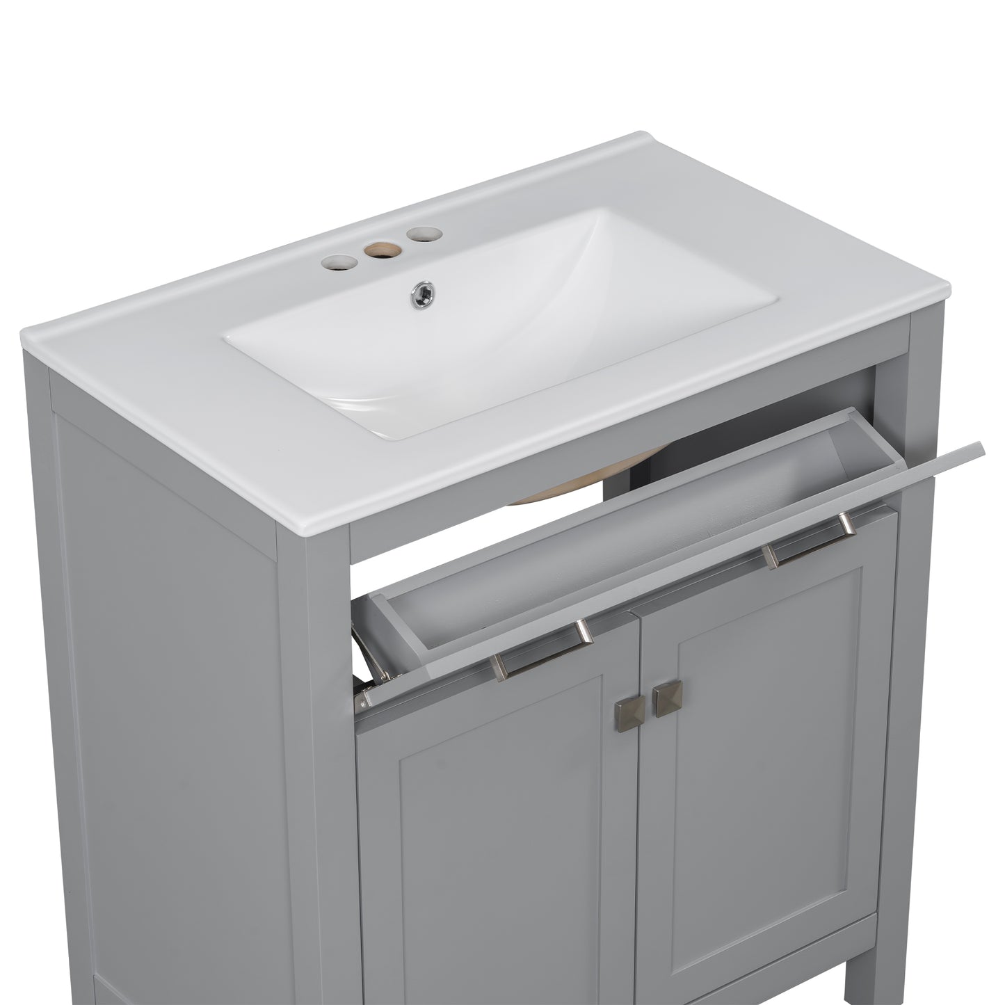 VanityFus 30-in Bathroom Vanity Gray Single Sink Combo with Ceramic White Ceramic Top 2 Soft-Close Doors 1 drawer