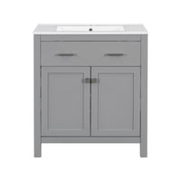 VanityFus 30-in Bathroom Vanity Gray Single Sink Combo with Ceramic White Ceramic Top 2 Soft-Close Doors 1 drawer