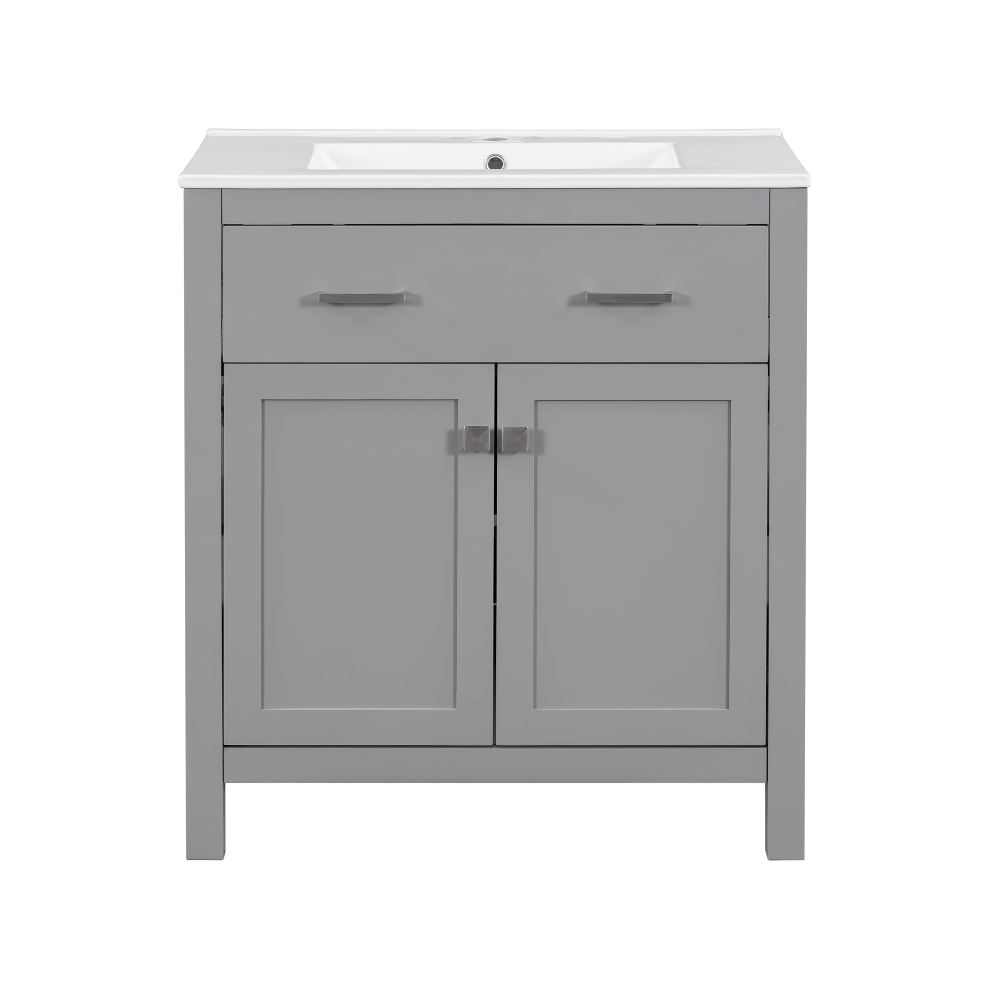 VanityFus 30-in Bathroom Vanity Gray Single Sink Combo with Ceramic White Ceramic Top 2 Soft-Close Doors 1 drawer