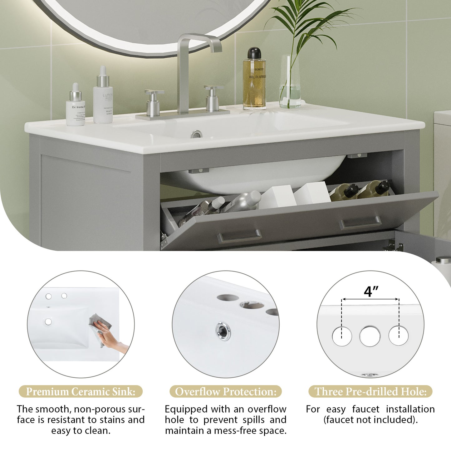 VanityFus 30-in Bathroom Vanity Gray Single Sink Combo with Ceramic White Ceramic Top 2 Soft-Close Doors 1 drawer