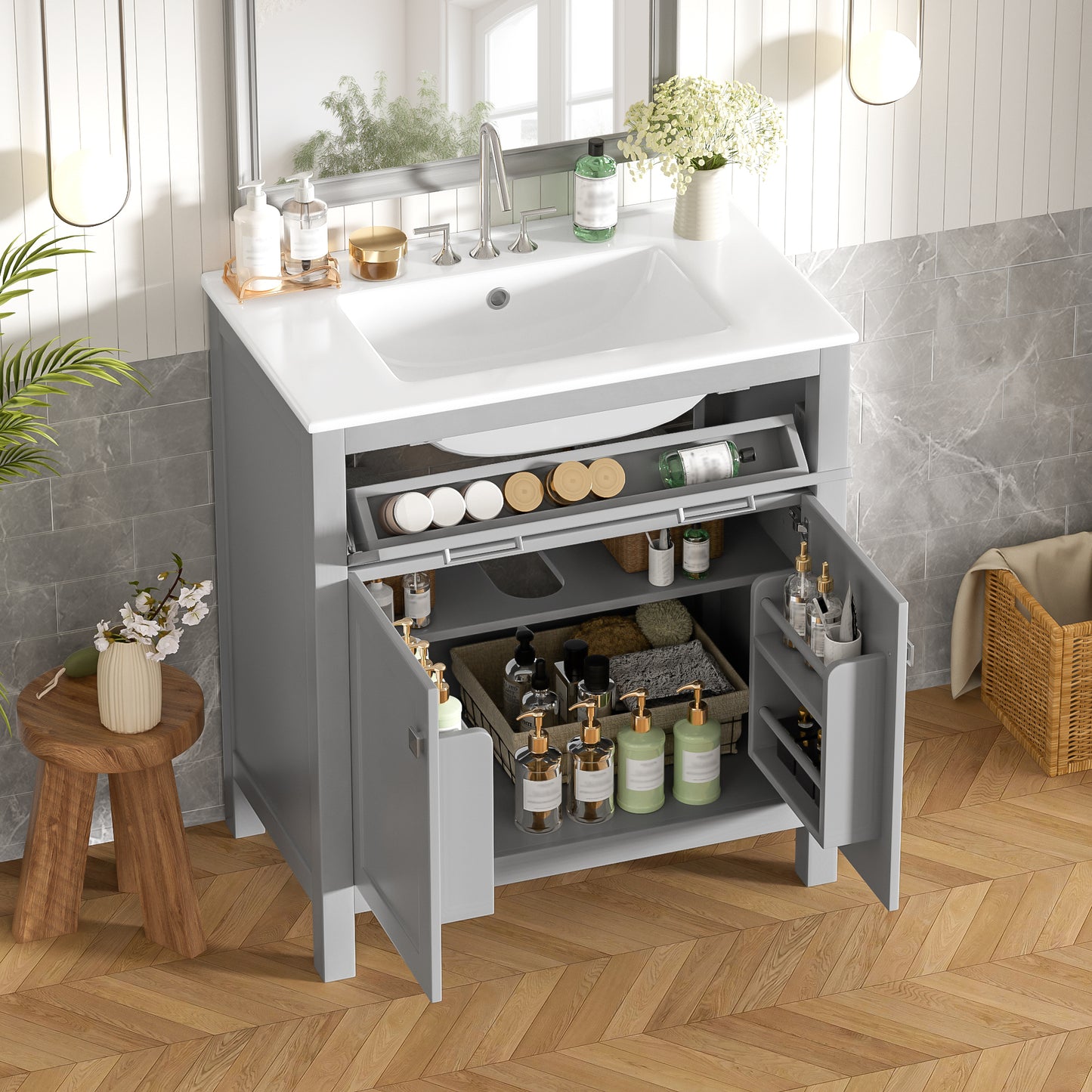 VanityFus 30-in Bathroom Vanity Gray Single Sink Combo with Ceramic White Ceramic Top 2 Soft-Close Doors 1 drawer