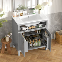 VanityFus 30-in Bathroom Vanity Gray Single Sink Combo with Ceramic White Ceramic Top 2 Soft-Close Doors 1 drawer