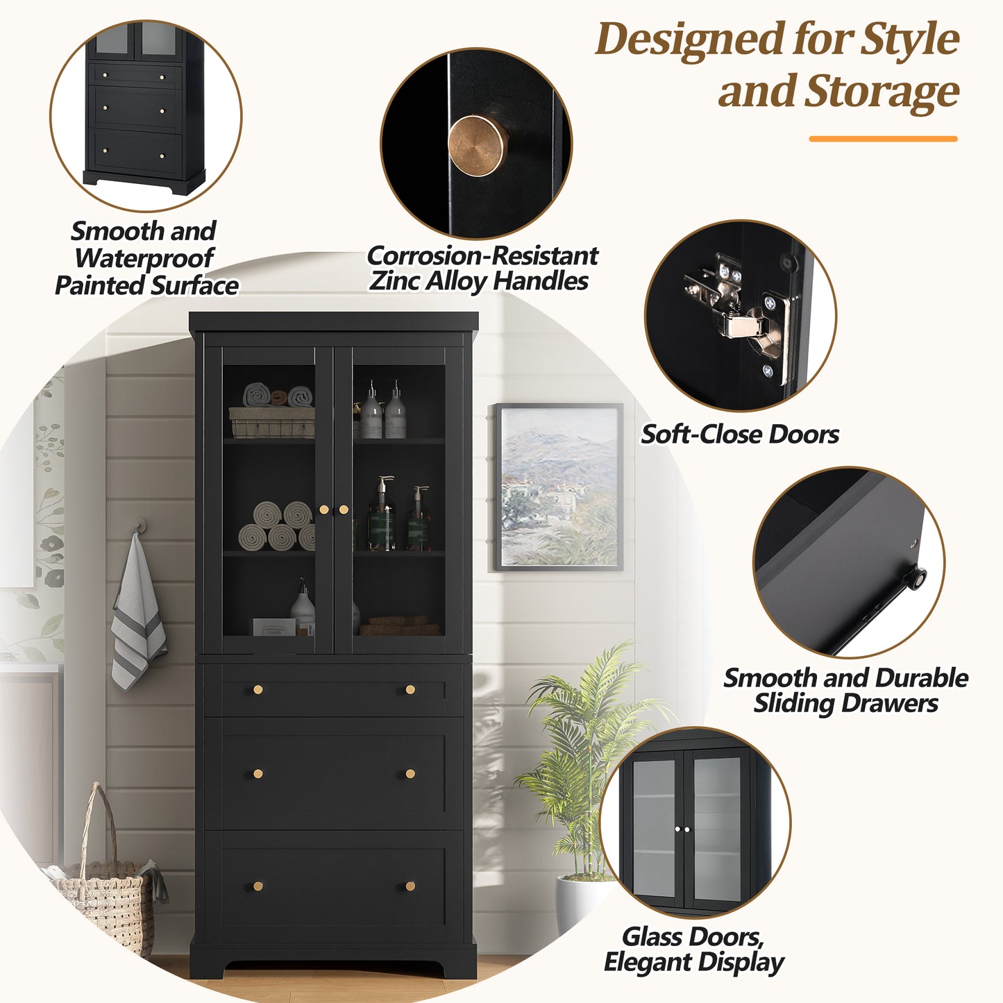 VanityFus Black 15.7-in x 30.1-in x 70.1-in Wood Freestanding Soft Close Linen Cabinet adjustable shelves 2 Soft close doors 3 drawers