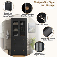 VanityFus Black 15.7-in x 30.1-in x 70.1-in Wood Freestanding Soft Close Linen Cabinet adjustable shelves 2 Soft close doors 3 drawers