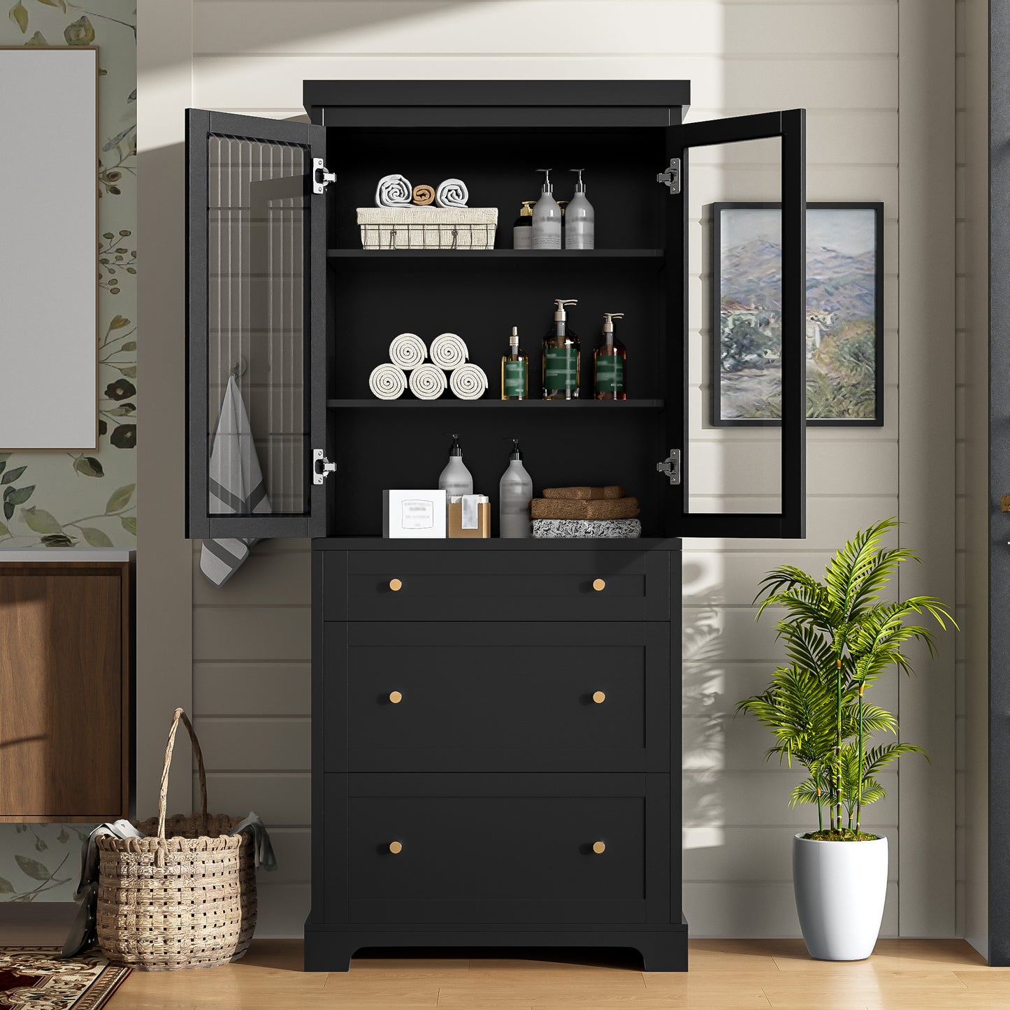 VanityFus Black 15.7-in x 30.1-in x 70.1-in Wood Freestanding Soft Close Linen Cabinet adjustable shelves 2 Soft close doors 3 drawers
