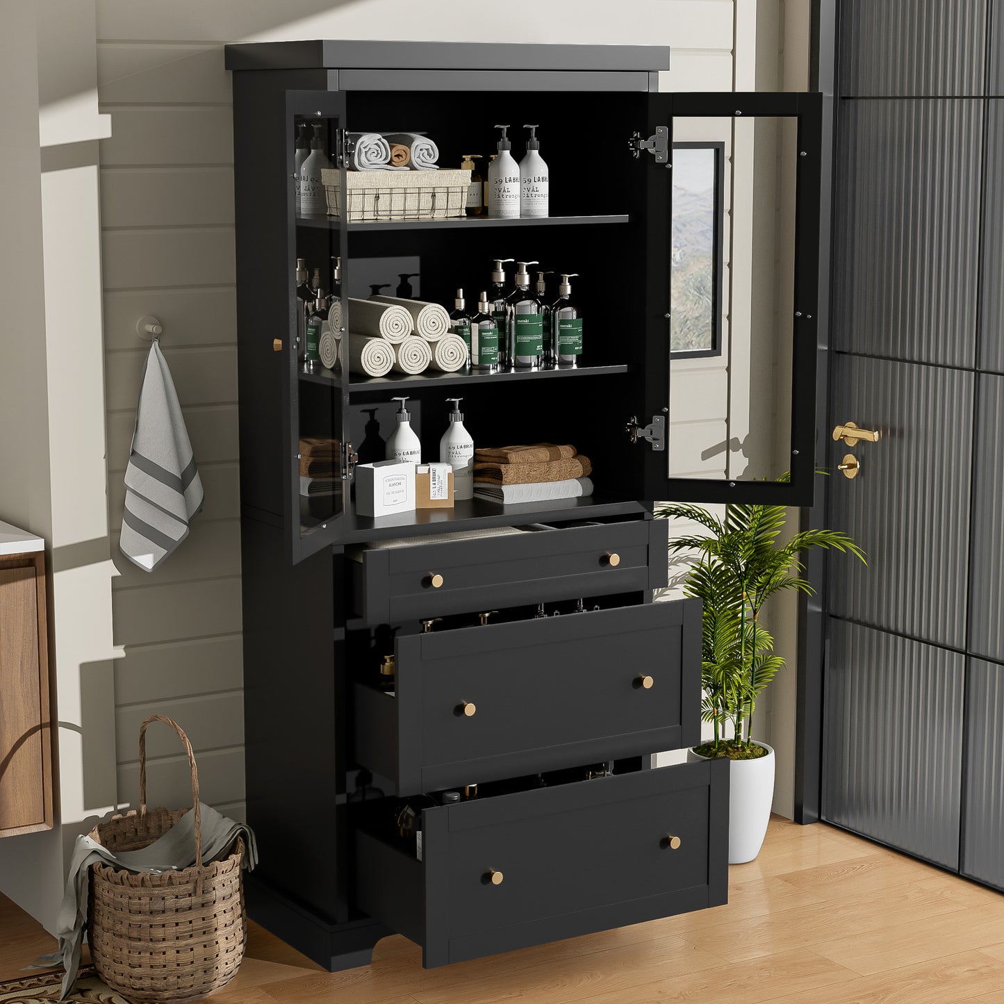 VanityFus Black 15.7-in x 30.1-in x 70.1-in Wood Freestanding Soft Close Linen Cabinet adjustable shelves 2 Soft close doors 3 drawers