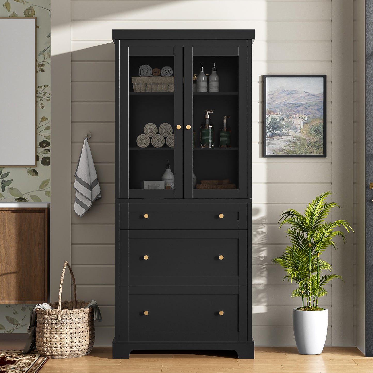 VanityFus Black 15.7-in x 30.1-in x 70.1-in Wood Freestanding Soft Close Linen Cabinet adjustable shelves 2 Soft close doors 3 drawers