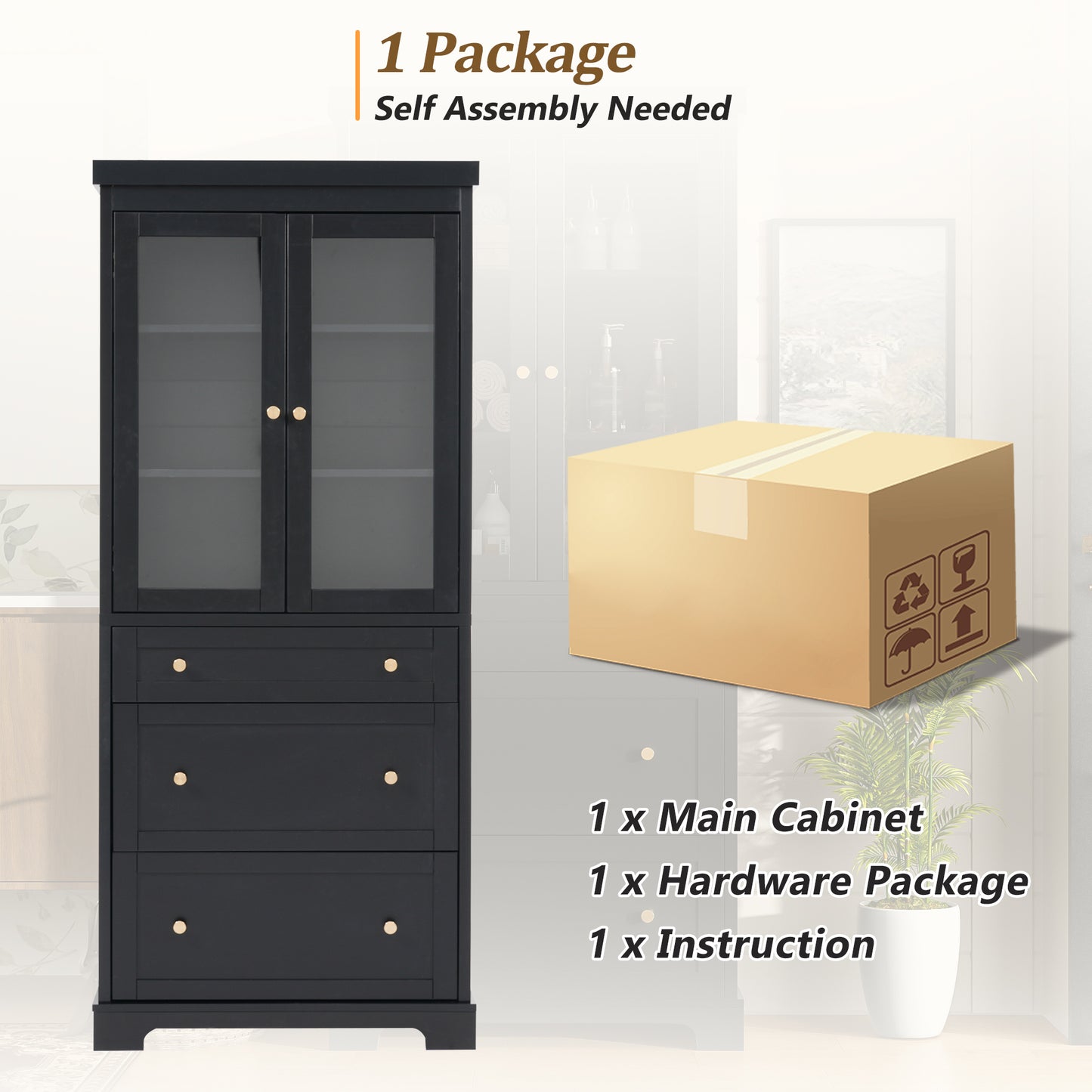 VanityFus Black 15.7-in x 30.1-in x 70.1-in Wood Freestanding Soft Close Linen Cabinet adjustable shelves 2 Soft close doors 3 drawers