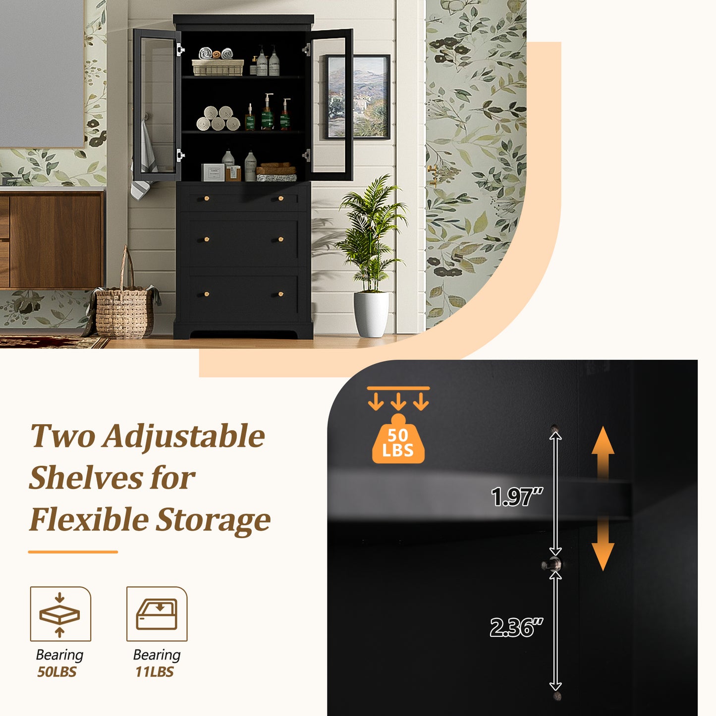 VanityFus Black 15.7-in x 30.1-in x 70.1-in Wood Freestanding Soft Close Linen Cabinet adjustable shelves 2 Soft close doors 3 drawers