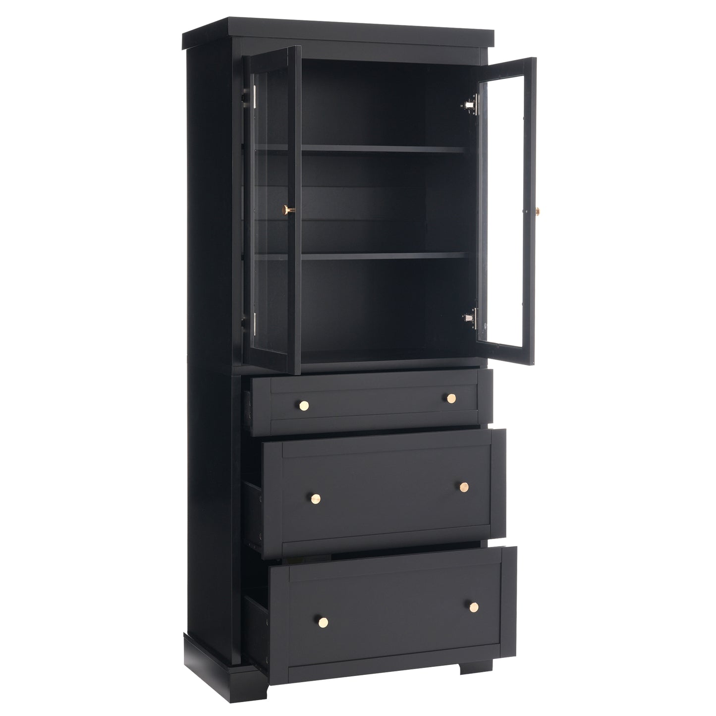 VanityFus Black 15.7-in x 30.1-in x 70.1-in Wood Freestanding Soft Close Linen Cabinet adjustable shelves 2 Soft close doors 3 drawers