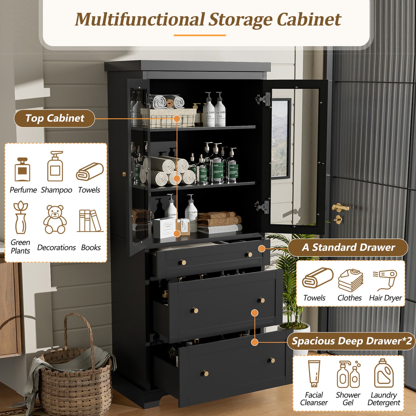 VanityFus Black 15.7-in x 30.1-in x 70.1-in Wood Freestanding Soft Close Linen Cabinet adjustable shelves 2 Soft close doors 3 drawers