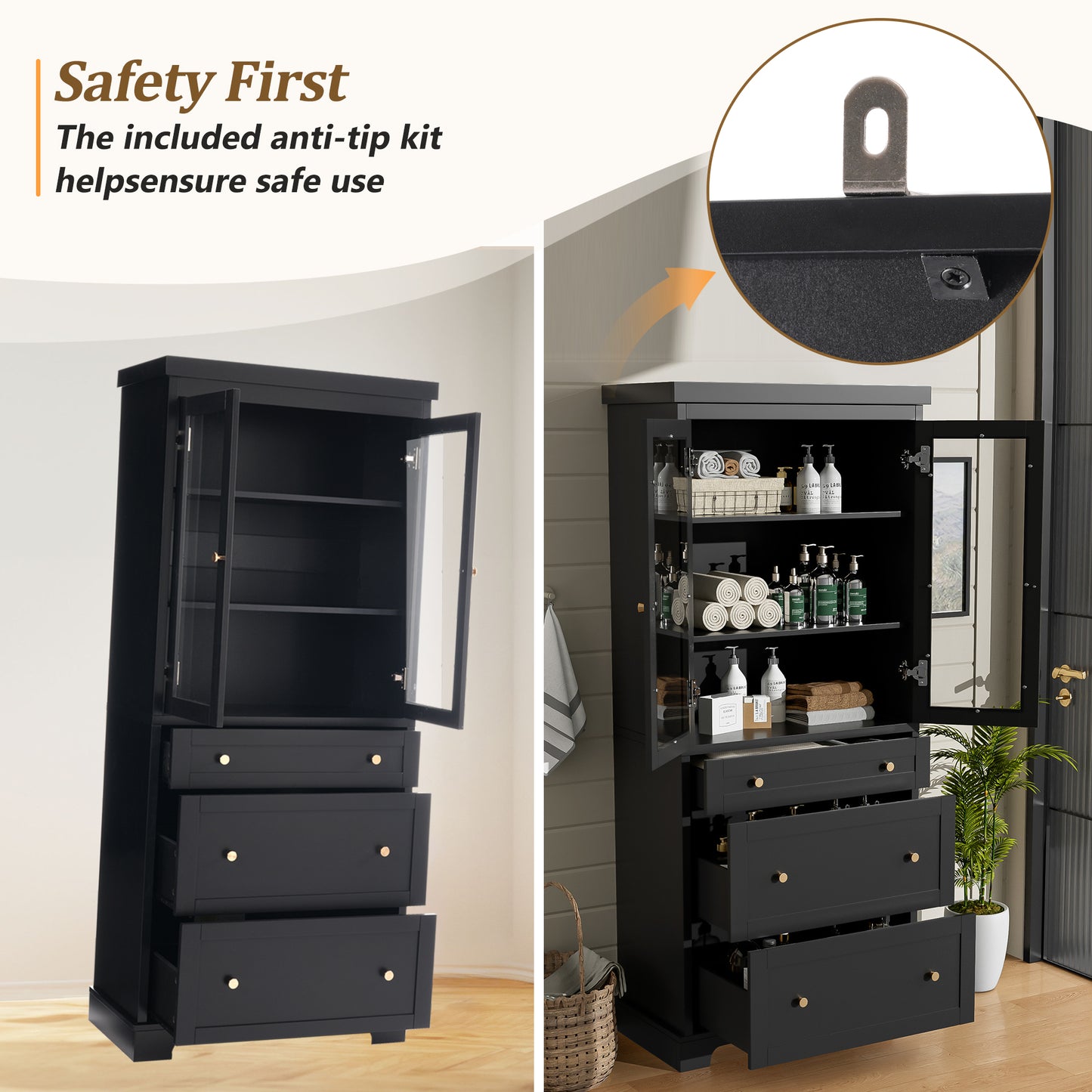 VanityFus Black 15.7-in x 30.1-in x 70.1-in Wood Freestanding Soft Close Linen Cabinet adjustable shelves 2 Soft close doors 3 drawers