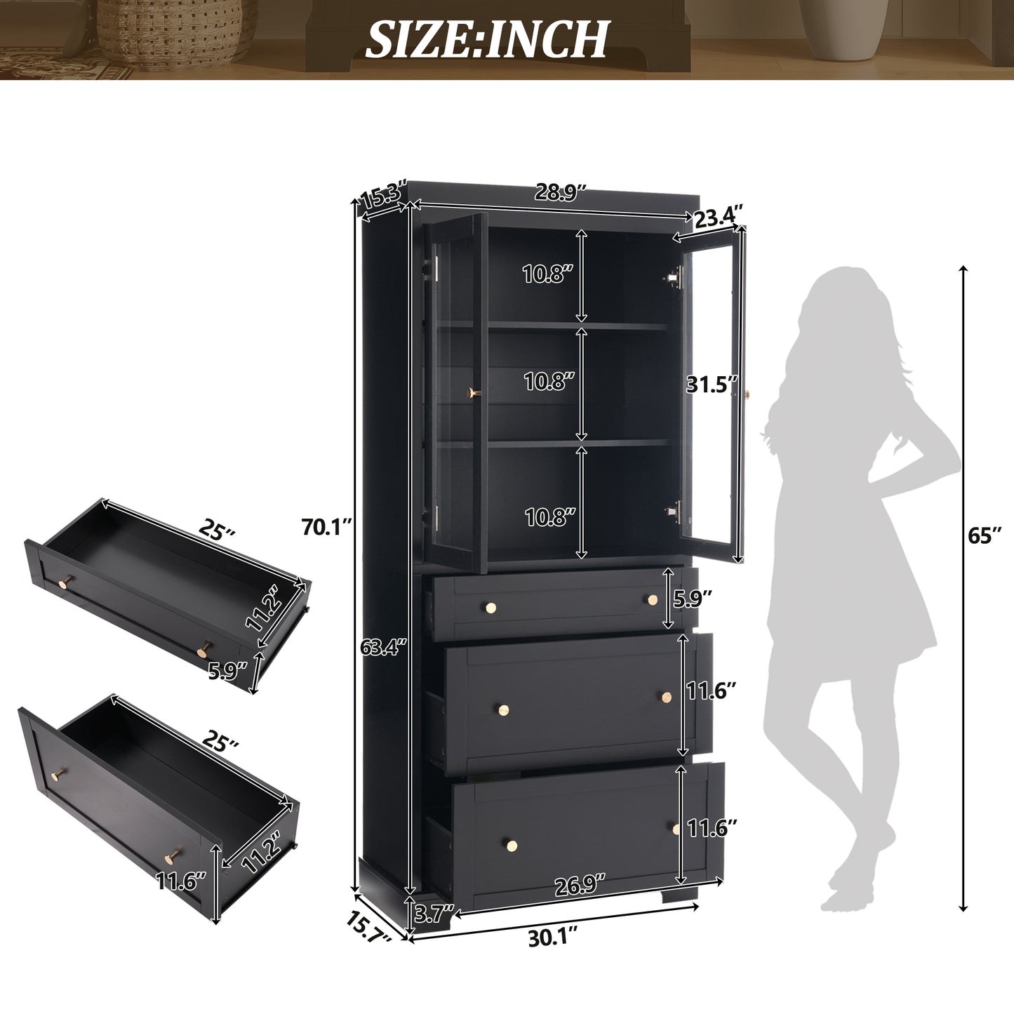 VanityFus Black 15.7-in x 30.1-in x 70.1-in Wood Freestanding Soft Close Linen Cabinet adjustable shelves 2 Soft close doors 3 drawers
