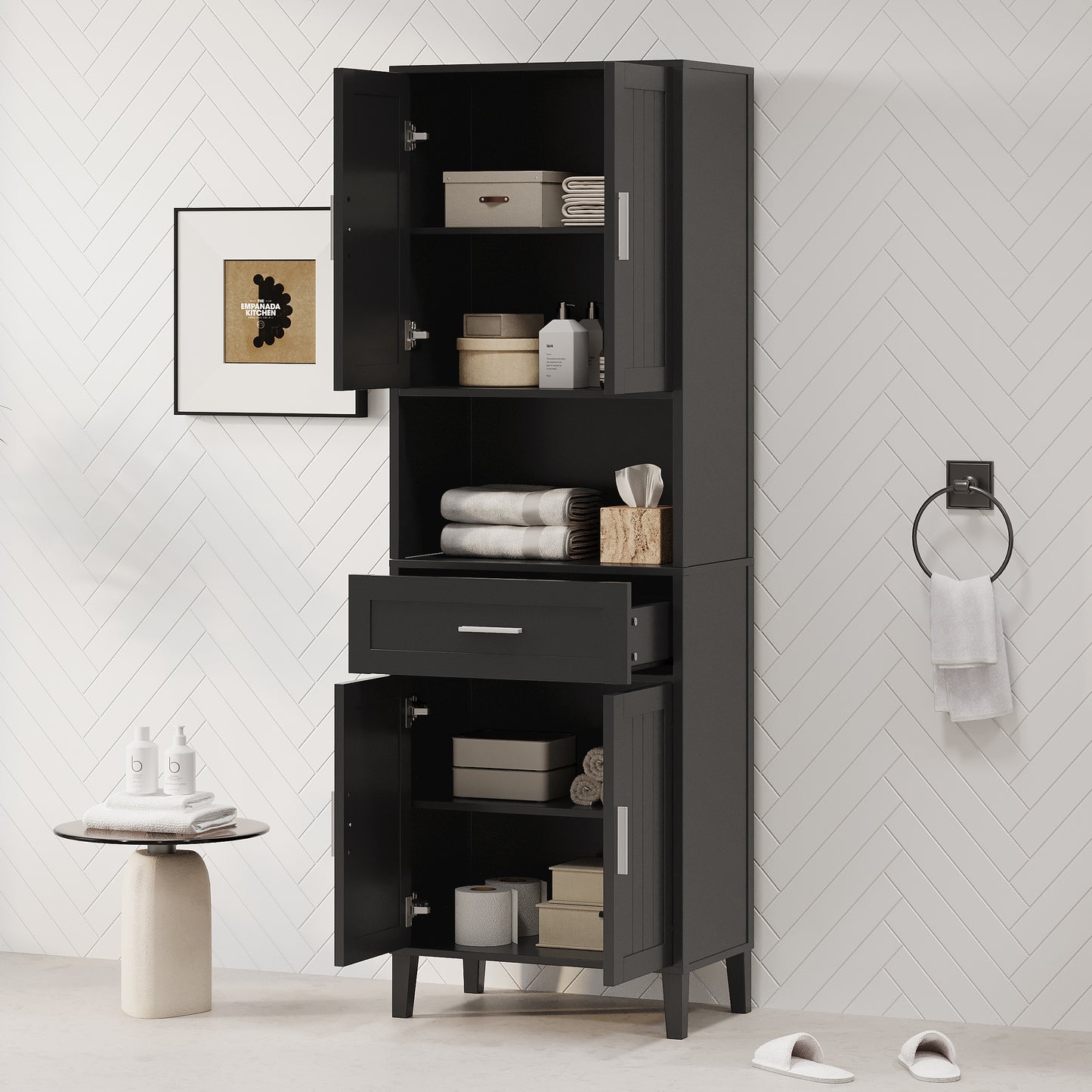 VanityFus Black 13.8-in x 23.6-in x 70.9-in Wood Freestanding Soft Close Linen Cabinet adjustable shelves 4 Soft close doors 1 drawers