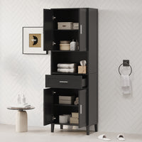 VanityFus Black 13.8-in x 23.6-in x 70.9-in Wood Freestanding Soft Close Linen Cabinet adjustable shelves 4 Soft close doors 1 drawers