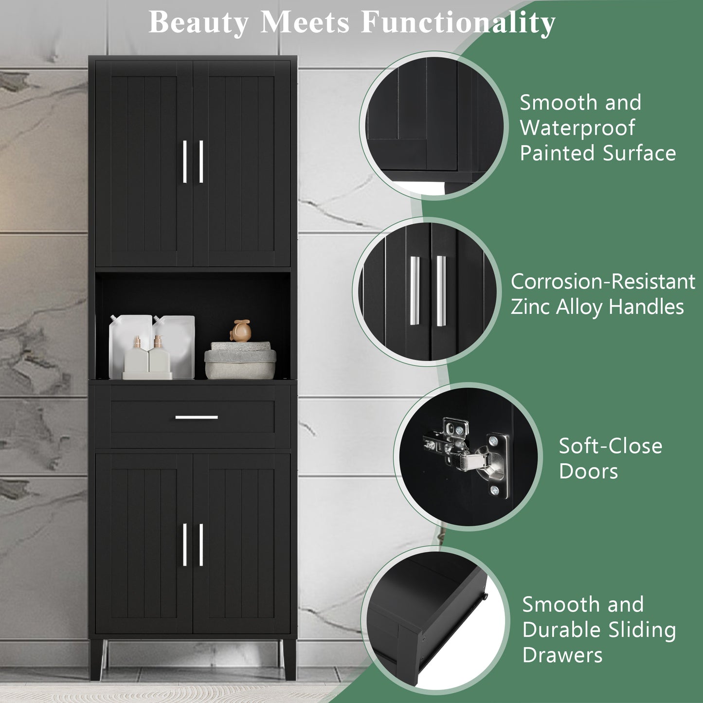 VanityFus Black 13.8-in x 23.6-in x 70.9-in Wood Freestanding Soft Close Linen Cabinet adjustable shelves 4 Soft close doors 1 drawers