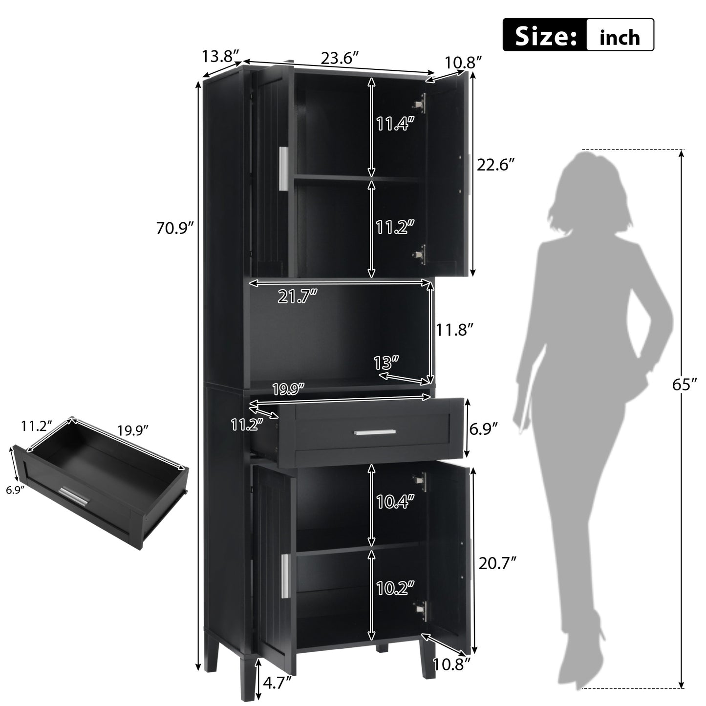 VanityFus Black 13.8-in x 23.6-in x 70.9-in Wood Freestanding Soft Close Linen Cabinet adjustable shelves 4 Soft close doors 1 drawers