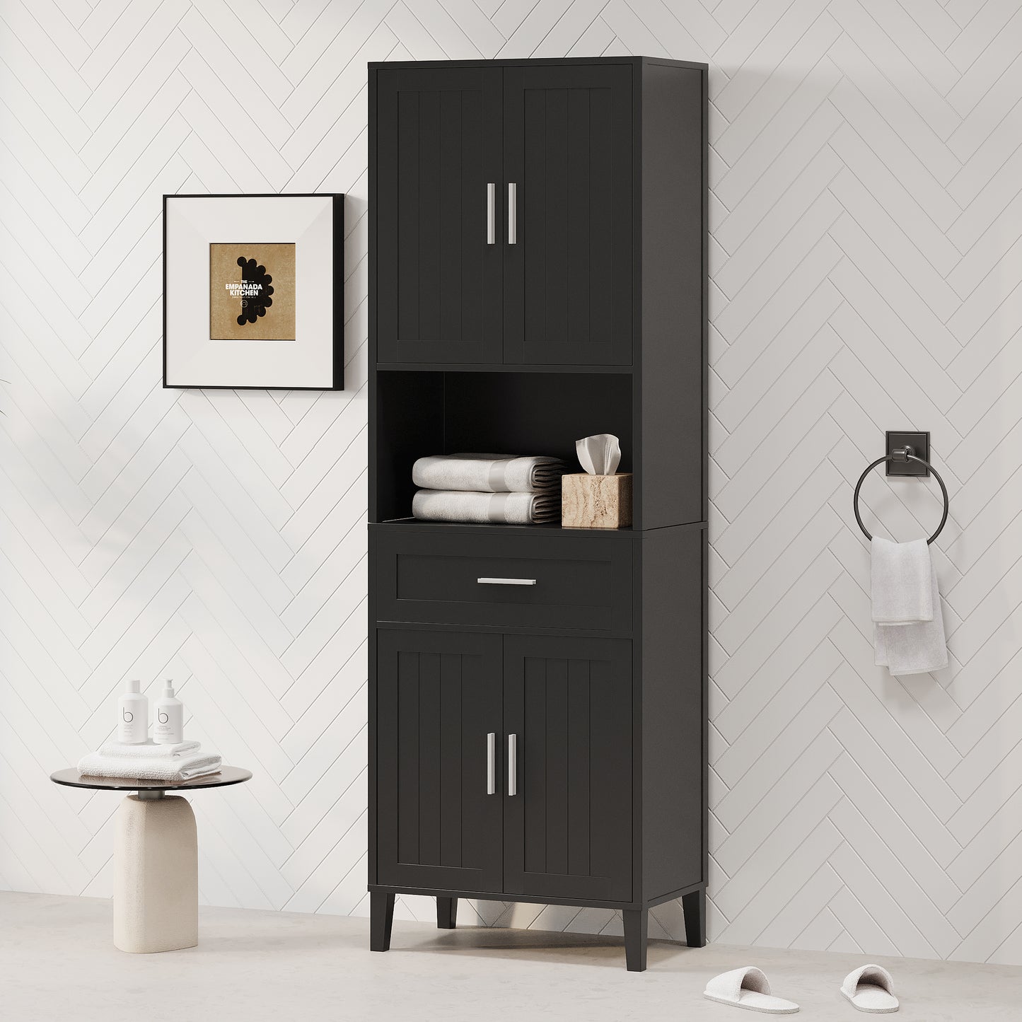 VanityFus Black 13.8-in x 23.6-in x 70.9-in Wood Freestanding Soft Close Linen Cabinet adjustable shelves 4 Soft close doors 1 drawers