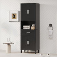 VanityFus Black 13.8-in x 23.6-in x 70.9-in Wood Freestanding Soft Close Linen Cabinet adjustable shelves 4 Soft close doors 1 drawers