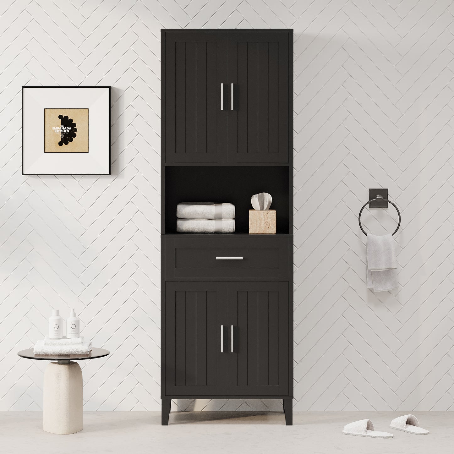 VanityFus Black 13.8-in x 23.6-in x 70.9-in Wood Freestanding Soft Close Linen Cabinet adjustable shelves 4 Soft close doors 1 drawers