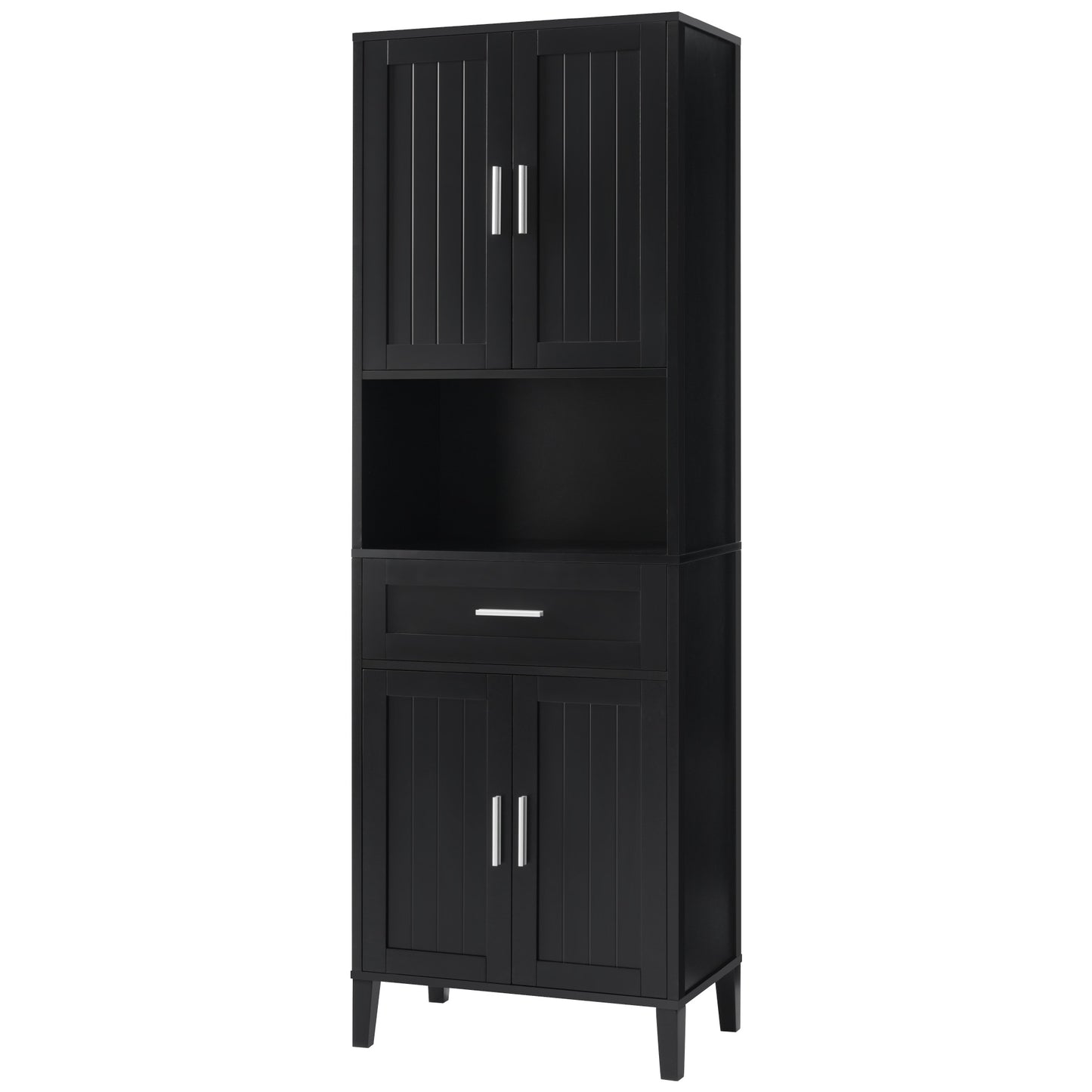 VanityFus Black 13.8-in x 23.6-in x 70.9-in Wood Freestanding Soft Close Linen Cabinet adjustable shelves 4 Soft close doors 1 drawers