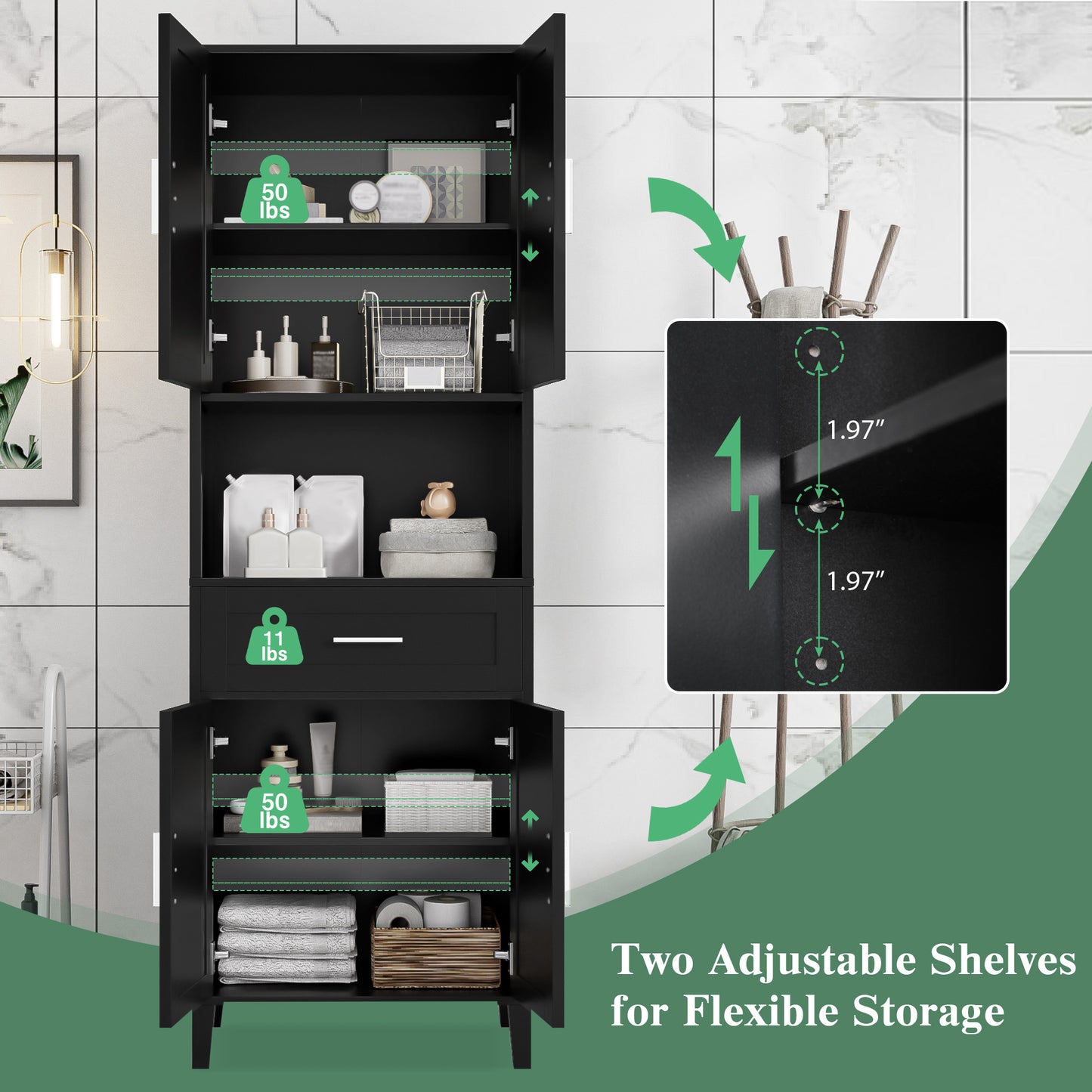 VanityFus Black 13.8-in x 23.6-in x 70.9-in Wood Freestanding Soft Close Linen Cabinet adjustable shelves 4 Soft close doors 1 drawers