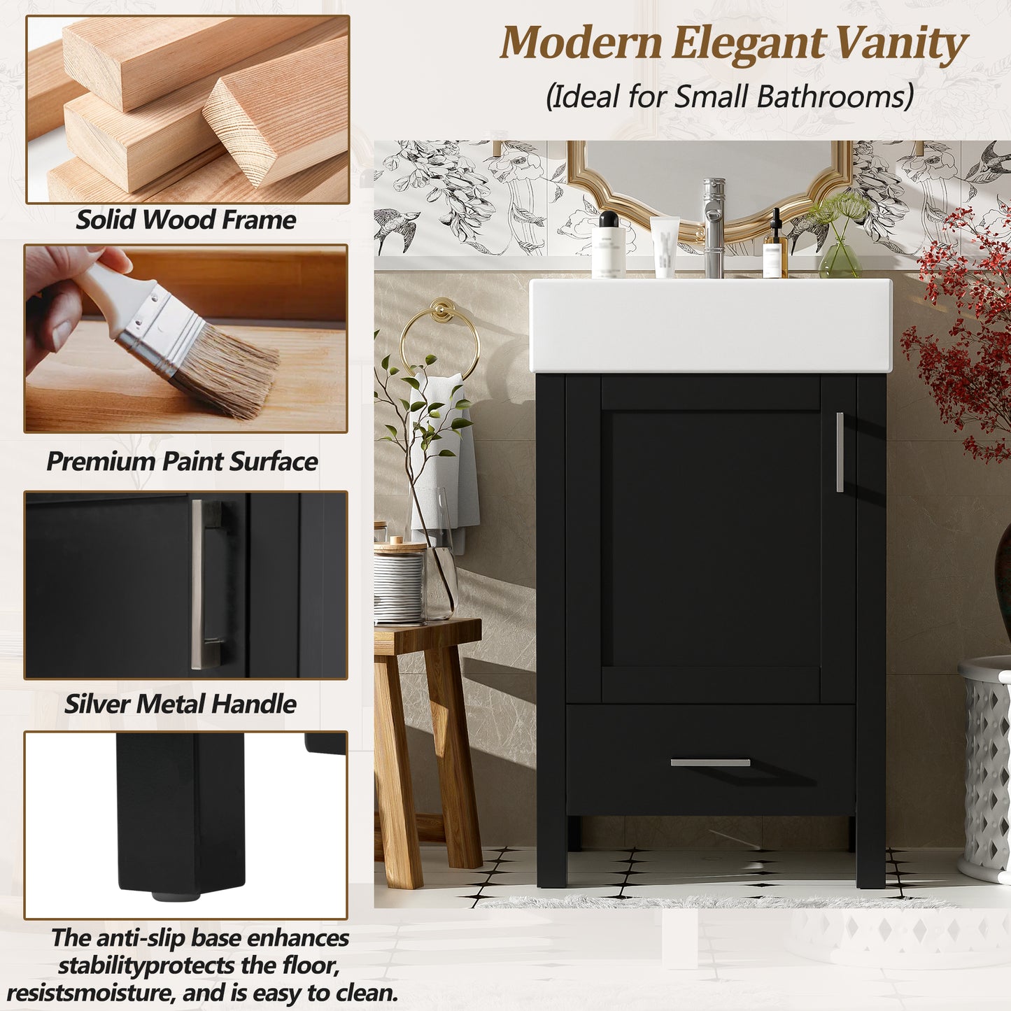 VanityFus 20.28-in Black Single Sink Combo Bathroom Vanity With White Ceramic Top 1 Soft-Close Doors 1 drawer