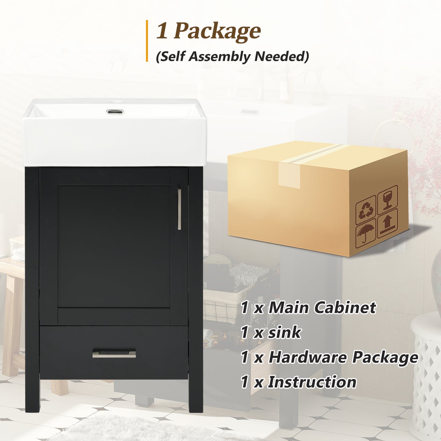 VanityFus 20.28-in Black Single Sink Combo Bathroom Vanity With White Ceramic Top 1 Soft-Close Doors 1 drawer