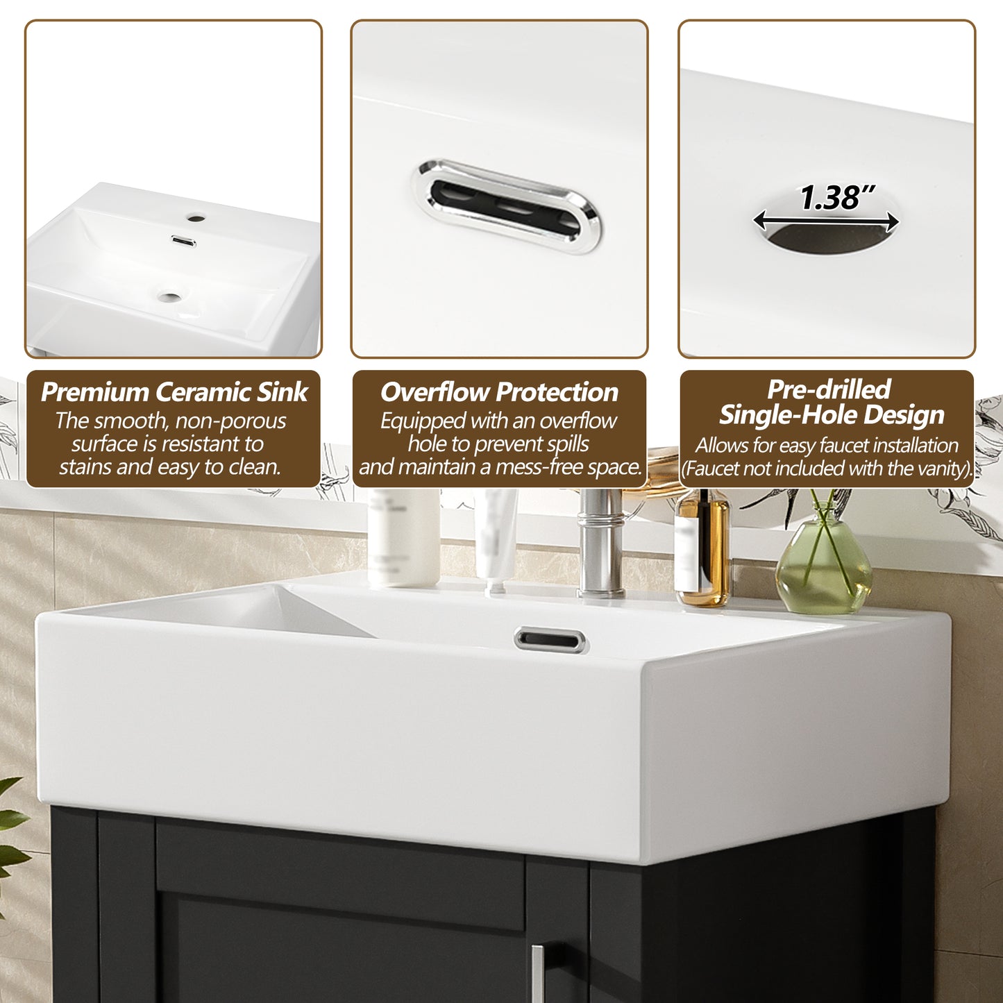 VanityFus 20.28-in Black Single Sink Combo Bathroom Vanity With White Ceramic Top 1 Soft-Close Doors 1 drawer