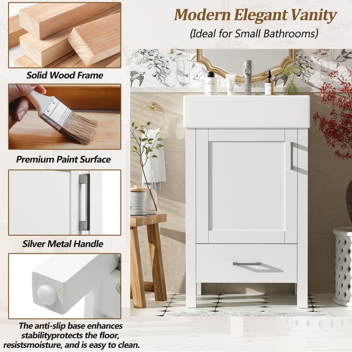 VanityFus 20.28-in White Single Sink Combo Bathroom Vanity With Ceramic Top 1 Soft-Close Doors 1 drawer