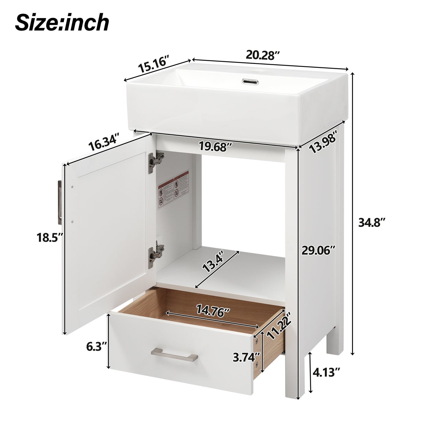 VanityFus 20.28-in White Single Sink Combo Bathroom Vanity With Ceramic Top 1 Soft-Close Doors 1 drawer
