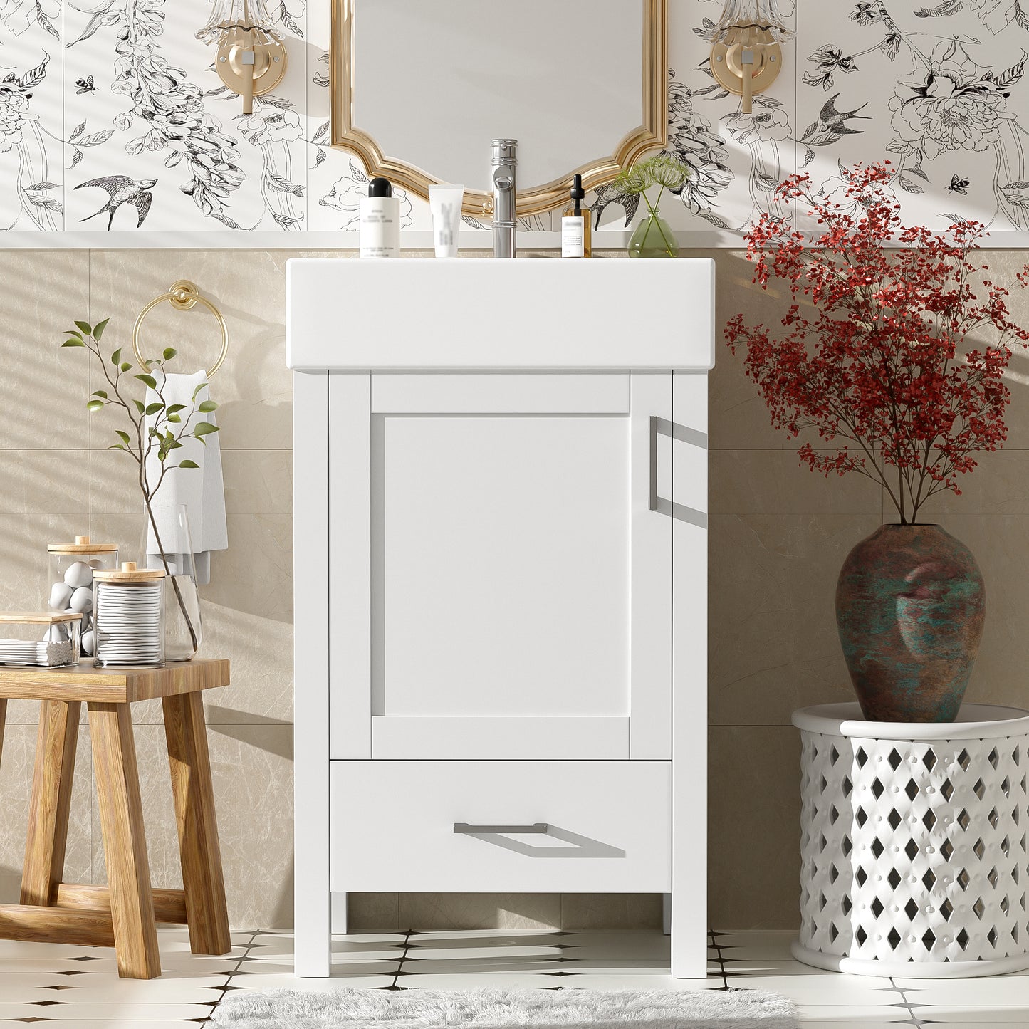 VanityFus 20.28-in White Single Sink Combo Bathroom Vanity With Ceramic Top 1 Soft-Close Doors 1 drawer