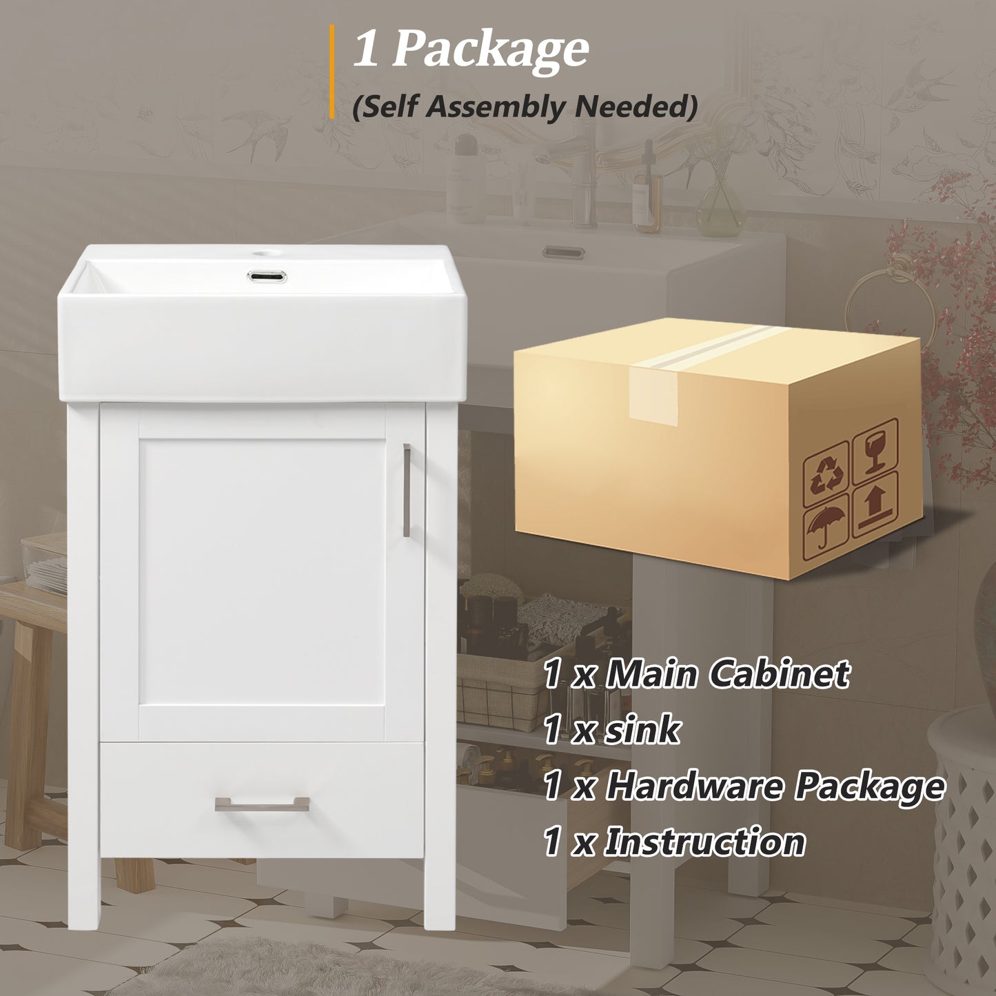 VanityFus 20.28-in White Single Sink Combo Bathroom Vanity With Ceramic Top 1 Soft-Close Doors 1 drawer