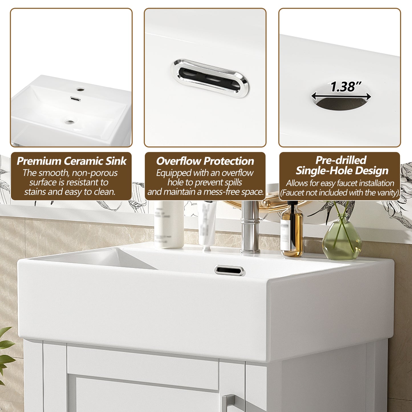 VanityFus 20.28-in White Single Sink Combo Bathroom Vanity With Ceramic Top 1 Soft-Close Doors 1 drawer