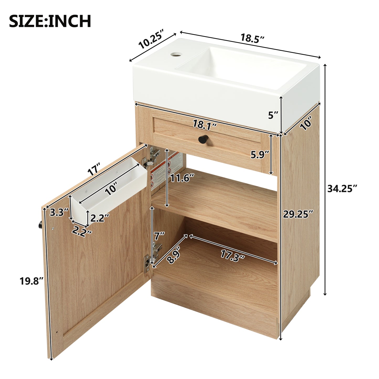 VanityFus 18.5-in Bathroom Vanity Wood Single Sink Combo Resin Top Soft-Close Doors Adjustable Shelves