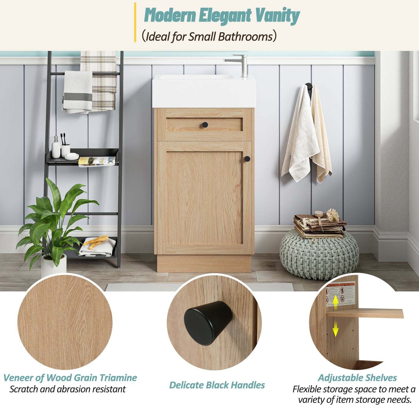 VanityFus 18.5-in Bathroom Vanity Wood Single Sink Combo Resin Top Soft-Close Doors Adjustable Shelves